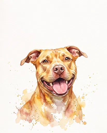 Watercolor Smiling Fawn Pit Bull Portrait