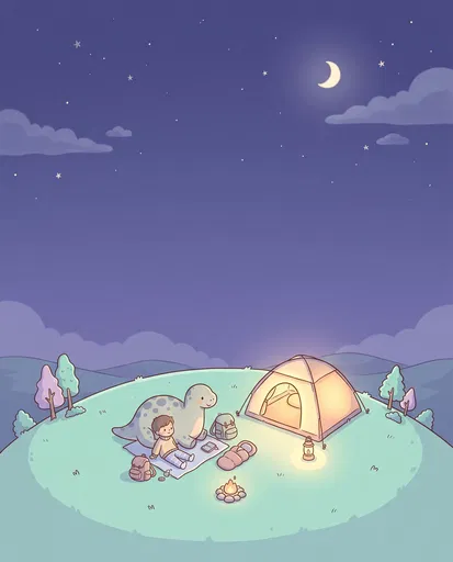 Child and Dinosaur Camping at Night