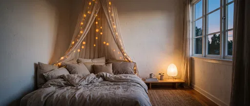 Cozy Minimalist Bedroom with Canopy Lights