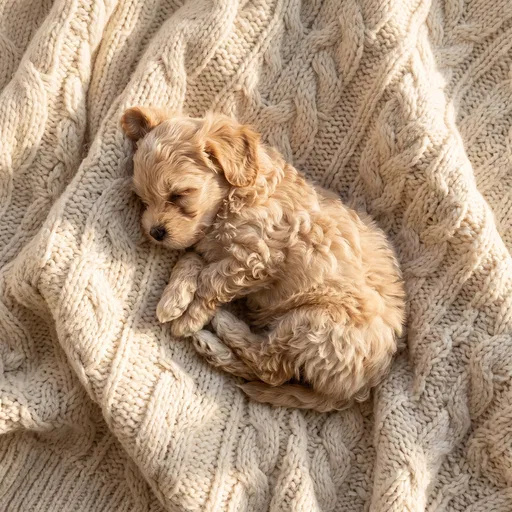 Sleeping Puppy on Cream Knit Blanket
