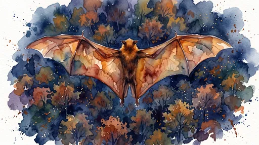 Watercolor Flying Fox Over Autumn Forest