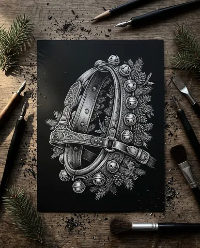 Scratchboard Illustration of Sleigh Bell Harness