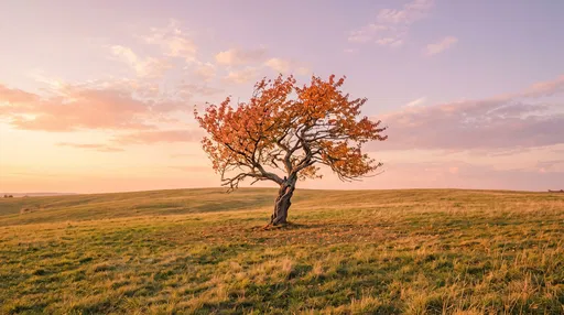 Lone Autumn Tree on Grassy Hill