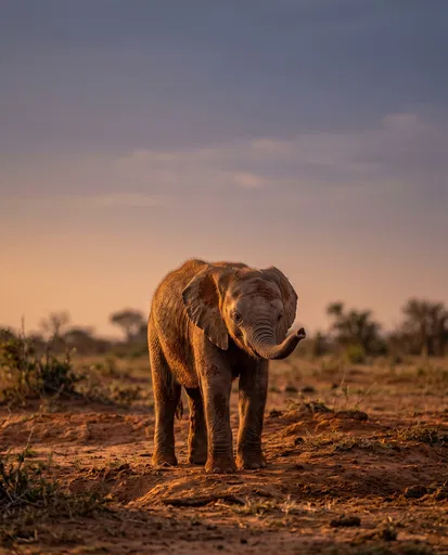 Baby Elephant Standing in Savanna at Dusk