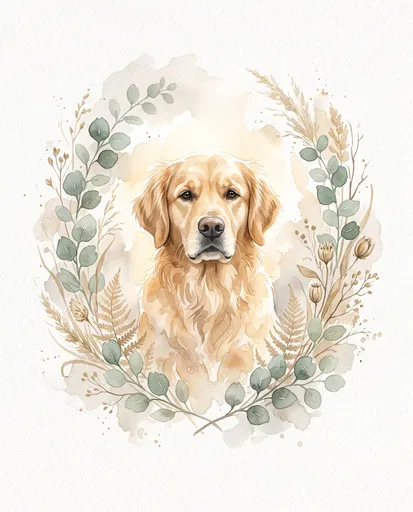 Watercolor Golden Retriever in Botanical Wreath