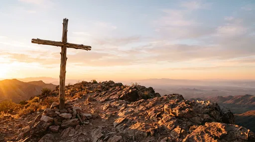 Rustic Wooden Cross on Ridge at Sunrise