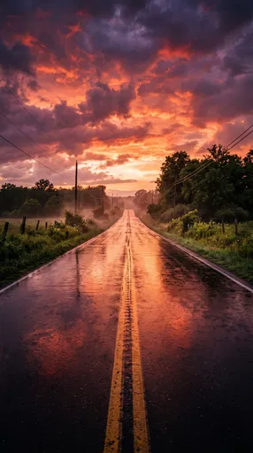 Wet Country Road at Sunset