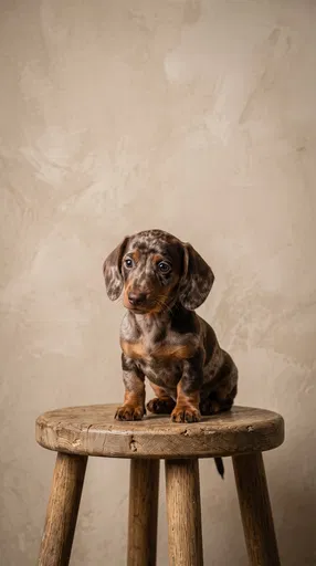 Dapple Dachshund Puppy on Wooden Stool