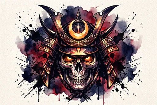 Watercolor Samurai Skull with Glowing Eyes
