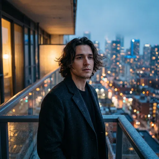 Man on City Balcony at Twilight