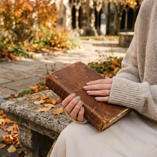 Woman Holding Vintage Book With Autumn Manicure