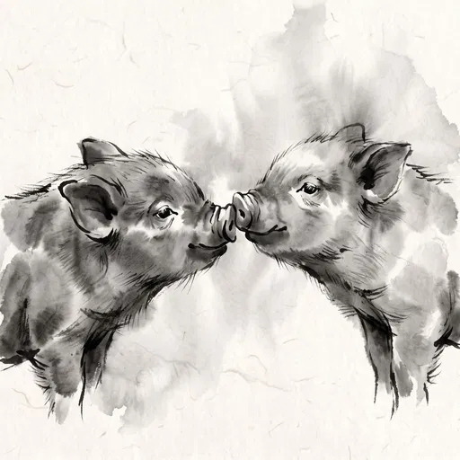 Sumi-e Ink Drawing of Two Piglets