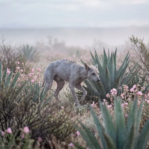 Pale Gray Chupacabra in Misty Desert