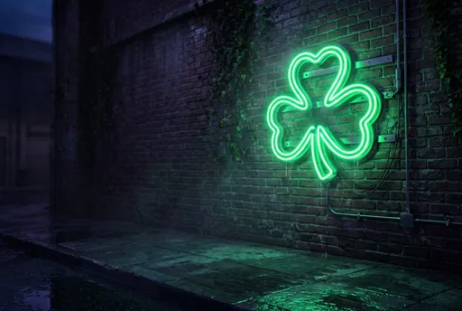 Glowing Green Neon Shamrock on Brick Wall