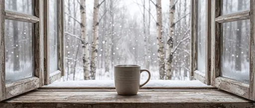 Steaming Ceramic Mug on Winter Windowsill