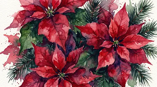 Watercolor Crimson Poinsettia and Pine Illustration