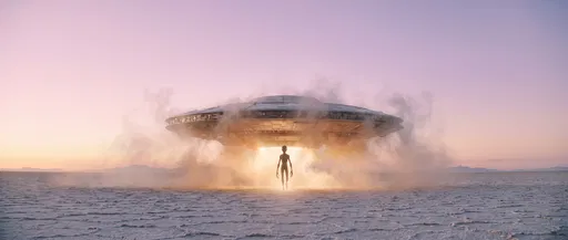 Alien Emerging Beneath Hovering UFO at Dawn