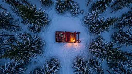 Aerial Sleigh with Gifts in Snowy Forest