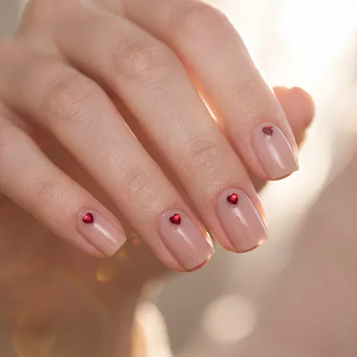 Minimalist Neutral Manicure With Red Heart Rhinestones