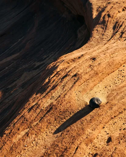 Black Pebble on Sunlit Sandstone Ridge