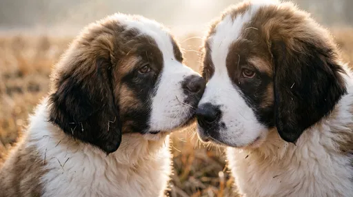 Two Saint Bernard Puppies Nuzzling Outdoors