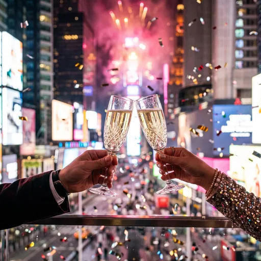 Champagne Toast Over City Fireworks
