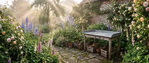 Misty English Cottage Garden With Potting Table