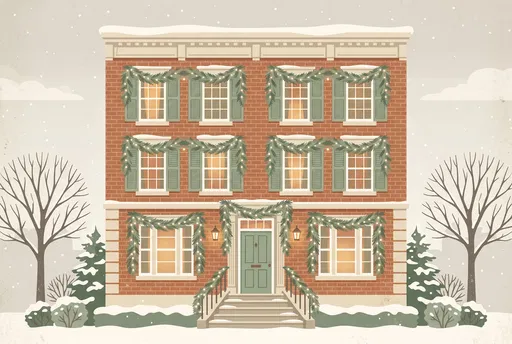 Festive Brick Townhouse Winter Illustration