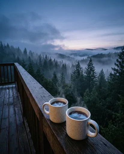 Coffee Mugs on Misty Forest Deck