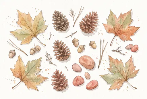 Watercolor Autumn Leaves and Pinecones Flat Lay