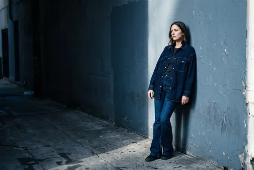 Woman Wearing Double Denim in Alleyway