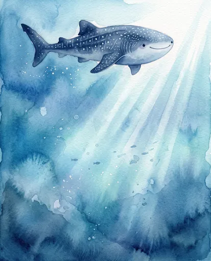 Cute Watercolor Whale Shark Swimming Underwater