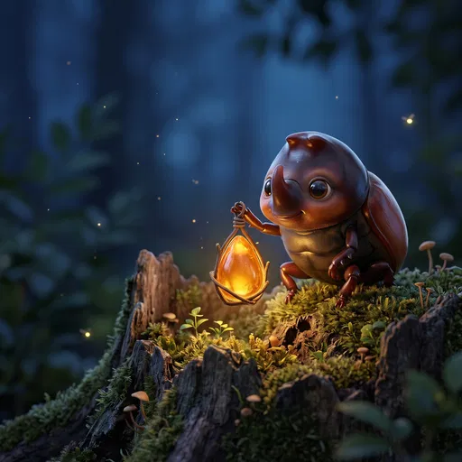 Cute 3D Beetle Holding Glowing Amber Lantern