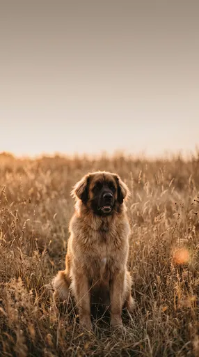 Leonberger Dog Sitting in Golden Meadow