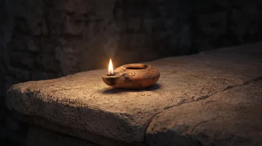 Ancient Terracotta Oil Lamp on Stone Ledge