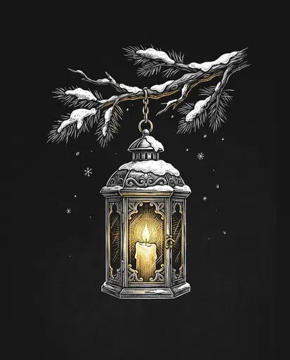 Vintage Lantern Hanging on Snowy Pine Branch