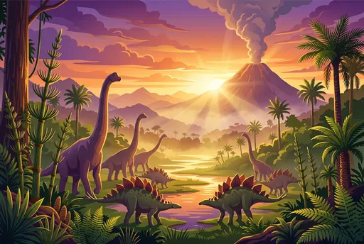 Prehistoric Valley Dinosaur Landscape Illustration