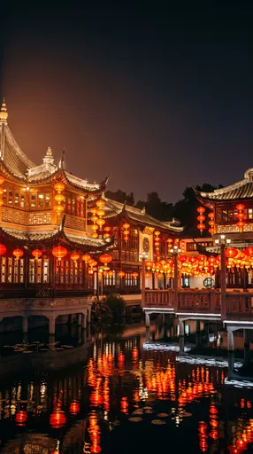 Illuminated Chinese Pavilions Reflecting in Pond