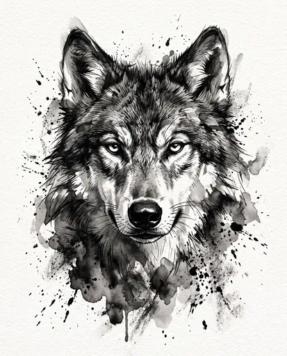Monochrome Ink and Watercolor Wolf Portrait