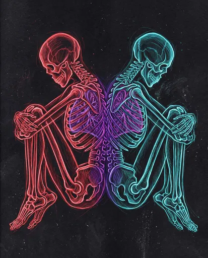 Red and Cyan Back-to-Back Skeletons Drawing