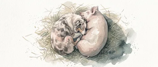 Watercolor Dog and Pig Sleeping Together