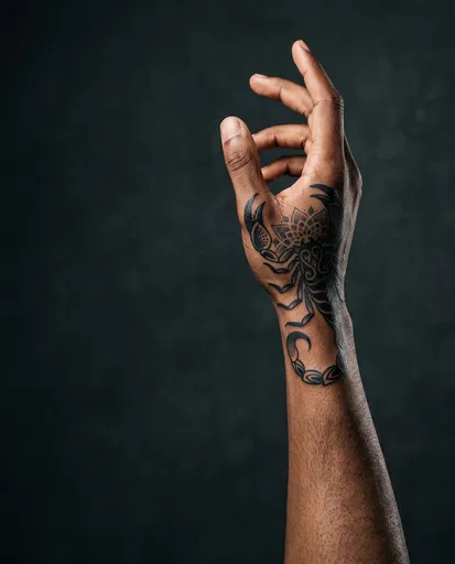 Raised Hand With Ornamental Scorpion Tattoo