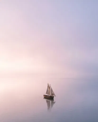 Solitary Sailboat in Pastel Morning Fog