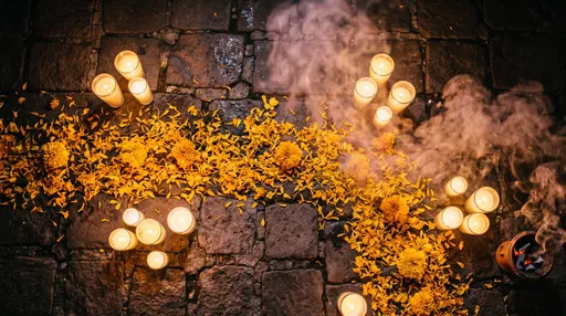 Marigold Petal Path with Candles on Cobblestone