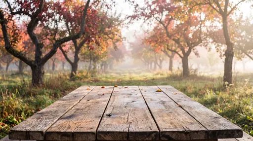 Weathered Wooden Table in Misty Autumn Orchard
