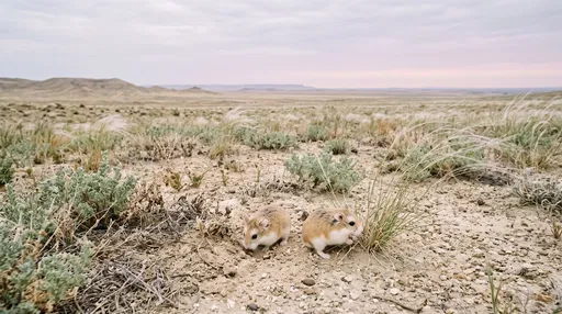 Two Desert Hamsters Foraging in Steppe