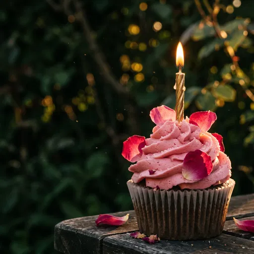 Pink Rose Cupcake with Lit Candle