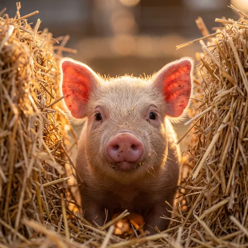 Cute Piglet Between Golden Straw Bales