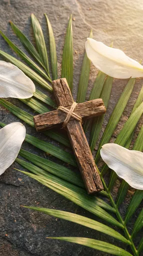 Rustic Wooden Cross on Palm Fronds