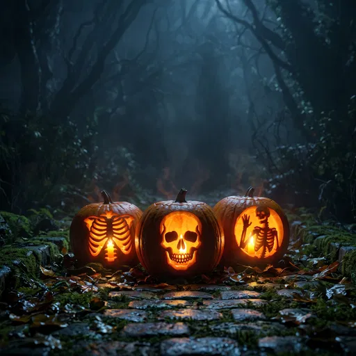 Three Skeleton Carved Pumpkins in Forest